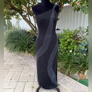 Vintage Black and Silver One-Shoulder Dress